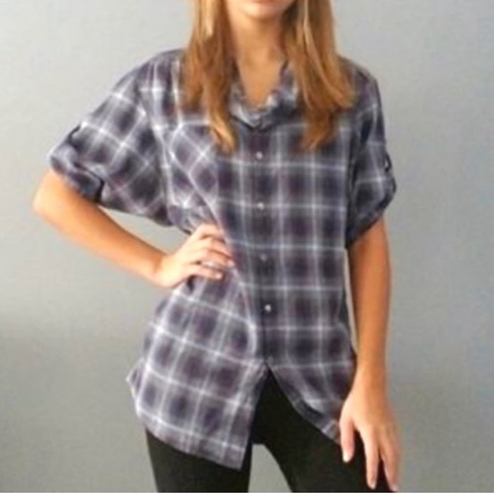 VINCE Oversized Blue Plaid Cowl Neck Button-Down Tunic Top